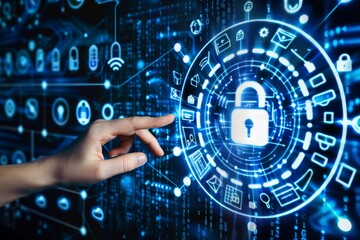 Digital screen displaying secure cloud network with interconnected data points and a hand pointing to the central lock icon, highlighting robust data protection