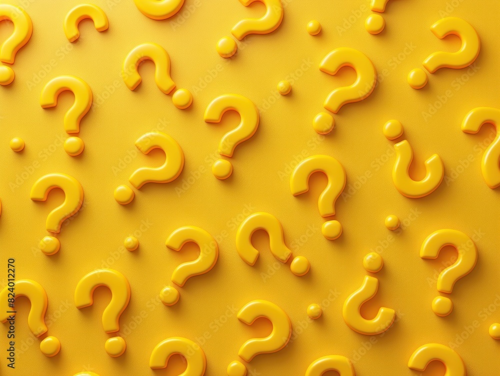 Poster a vibrant yellow background covered with question marks symbolizing curiosity and uncertainty
