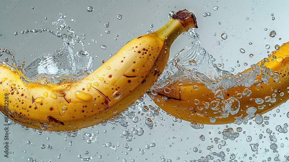 Poster a few bananas floating in the water with a splash on top and bottom, as seen from below