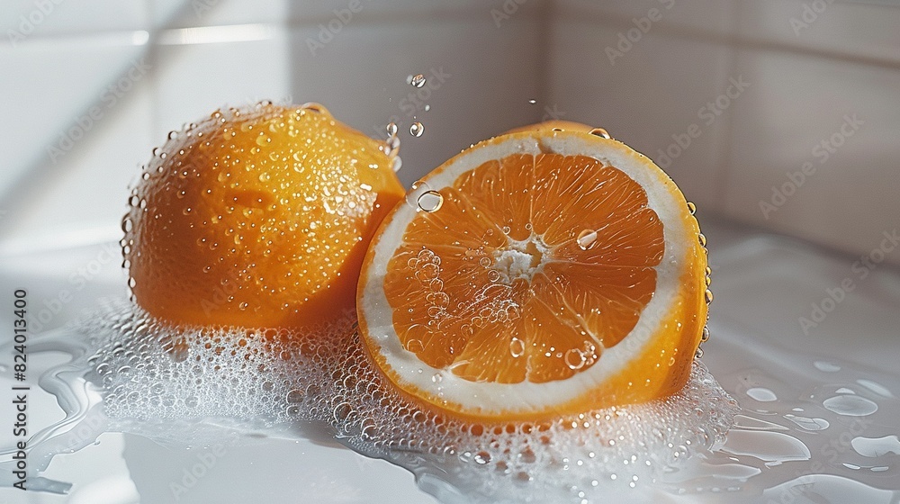 Poster   Two oranges in close-up with water splashing from above and below