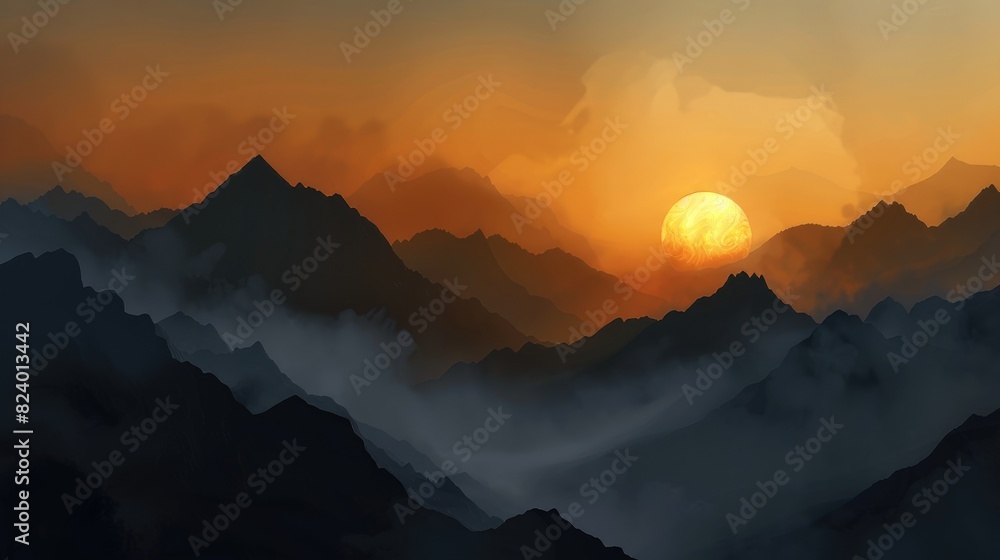 Aufkleber sun setting behind mountains creating a black mountain silhouette with a mix of light and shadow
