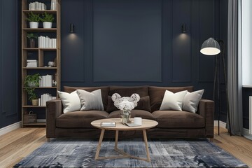 Dark blue wall, wooden floor with light wood grain and dark brown sofa with white pillows and coffee table