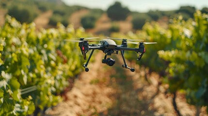 Drone sprayer flies over the vineyard. Smart farming and precision agriculture 