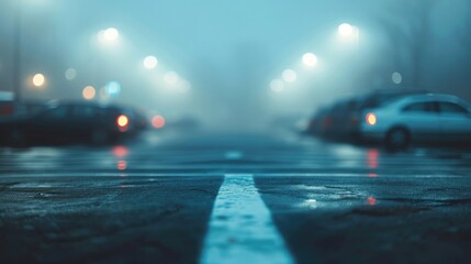 Blurred image of a parking lot, parking in the evening light in the fog realistic
