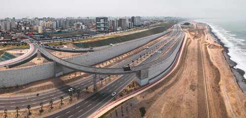 Viaduct of Avenida Escardot and descent to the Costa Verde highway in Lima. Panoramic view showing...