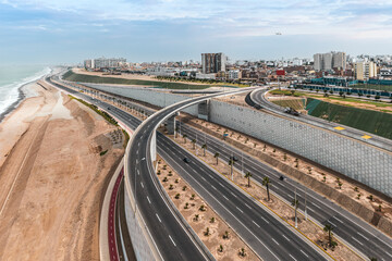 Viaduct of Avenida Escardot and descent to the Costa Verde highway in Lima. Panoramic view showing...