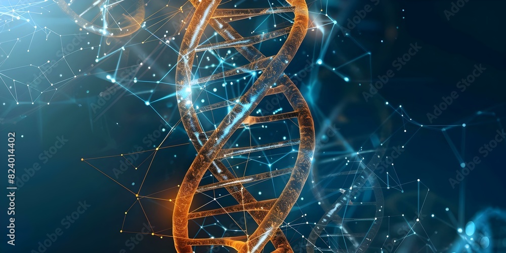 Poster ai in healthcare using dna double helix with digital elements for research. concept ai in healthcare