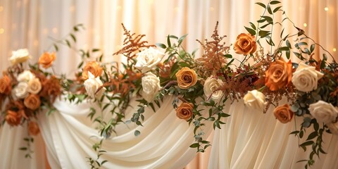 Luxurious indoor wedding with beautiful flower arrangements as backdrop decorations. Concept Luxurious Indoor Wedding, Beautiful Flower Arrangements, Backdrop Decorations