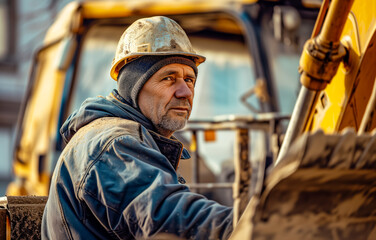 Middle-aged construction worker wearing a hard hat on site