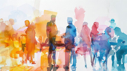Colorful silhouettes of people painted in watercolor in a city at a networking event