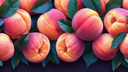   Group of peaches with green leaves on purple background and a black border