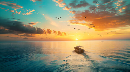 Top view of a modern yacht on the open sea at sunset. Speedboat in the blue ocean. Transport concept.