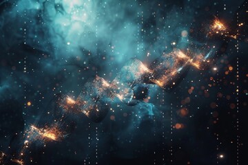 Obraz premium swirling teal blue and fiery orange red data visualizations with luminous digital code fragments, set against a dark canvas with wispy dust clouds for a sense of mystery