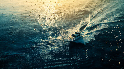 Top view of a modern yacht on the open sea at sunset. Speedboat in the blue ocean. Transport concept.