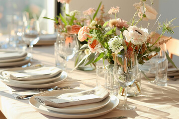 Fototapeta premium A beautifully arranged table adorned with plates, glasses, and a vase filled with flowers