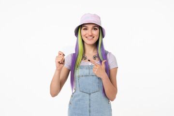 Happy young caucasian woman hipster teenage girl pointing at white credit card for online shopping, cashback, e-banking, e-commerce loan debt isolated in white background
