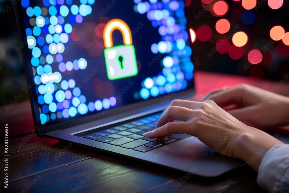 Poster secure cloud icon on a laptop screen with digital data connections, representing robust online prote