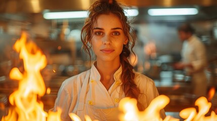 professional female chef, a talented female chef demonstrating her skills in a busy restaurant kitchen with flames in the background, showcasing focused determination in a minimalistic setting for