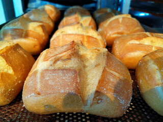 Broetchen in einer Baeckerei-Auslage.