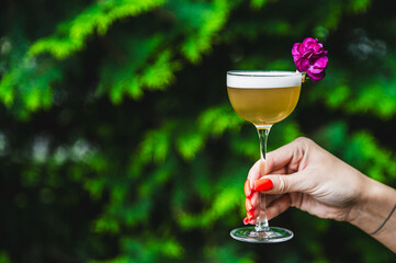Close-up of a hand holding a cocktail glass with a frothy beverage, garnished with a purple flower,...