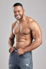 Portrait, muscle and happy black man with abs for fitness, exercise or body health isolated on...