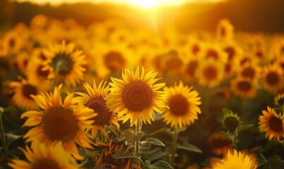 Obraz premium Sunflower field with a golden sun in the background A beautiful summer landscape with bright yellow flowers Sunflowers on a meadow during the summer time Generative AI