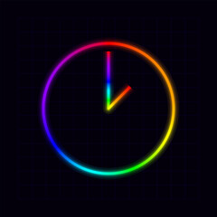 Clock icon, neon rainbow visuals, gradient mesh graphics.