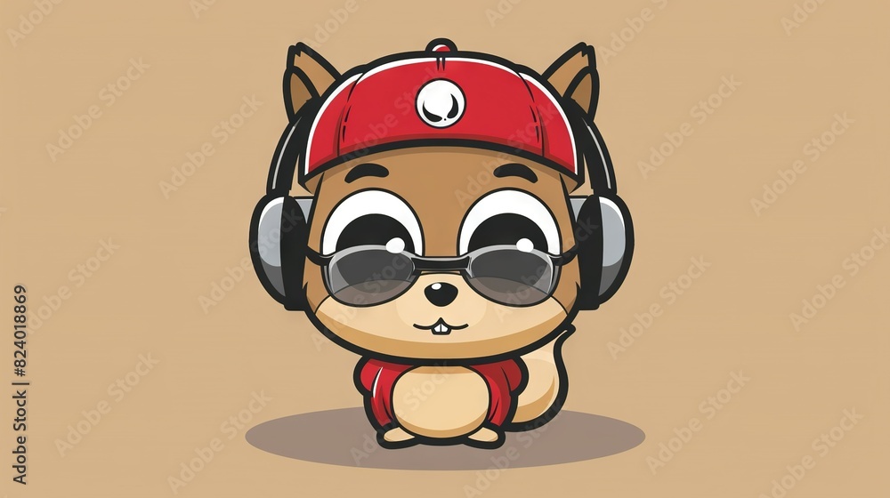 Wall mural a cartoon dog wearing a baseball cap and headphones, topped with a red cap on its head