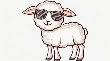   A sheep wearing sunglasses on its head, standing in front of a white background