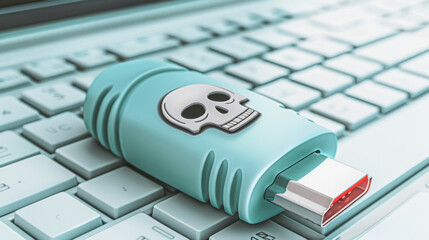A skulldesigned USB stick on a laptop keyboard, distinctive in the office setting