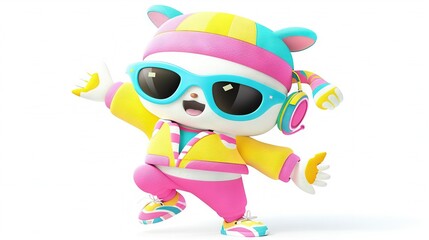   A cartoon bear in a pink and yellow outfit, wearing sunglasses, headphones, and a striped hat