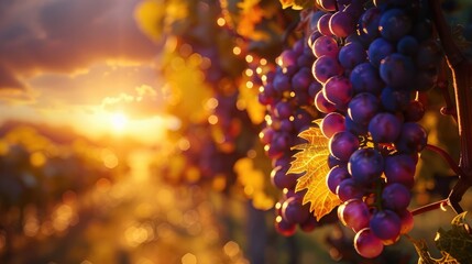 vineyard at sunset, golden and purple grape clusters, winemaker in background realistic