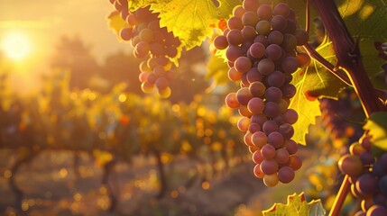 vineyard at sunset, golden and purple grape clusters, winemaker in background realistic