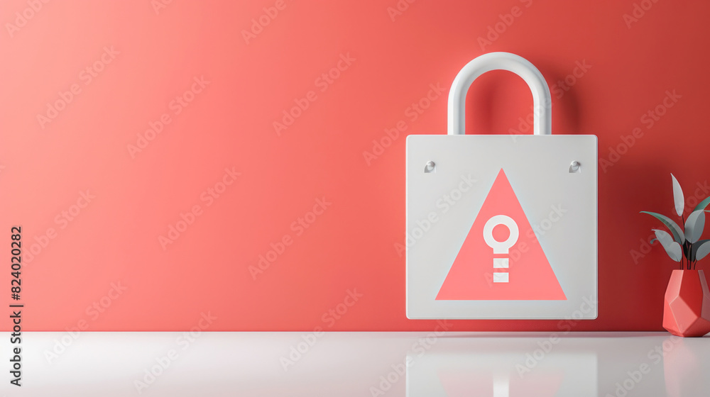 Poster a white padlock with a red triangle sits on a table against a red wall, creating a vibrant contrast