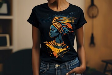 Vibrant graphic t-shirt featuring an african woman with a colorful headwrap and splatter art