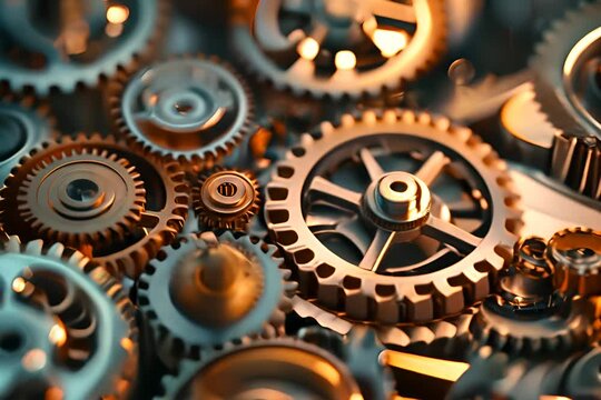 Mechanical gears with shiny metal surfaces of circular elements create an intricate network of machines symbolizing complex machine interactions, focusing on the effect of depth blur.High quality
