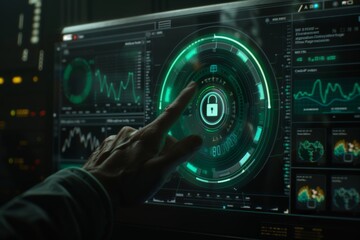 Hand interacting with a high-tech digital interface displaying secure cloud data, emphasizing advanced cybersecurity measures and modern technology