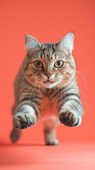 Obraz premium A cat in a jump directs its gaze into the lens