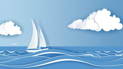 Naklejka premium A crafted scene of a white paper sailboat floating on a wavy paper sea under a blue sky, accented with white paper clouds.