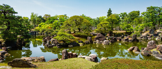 Panoramic view of a typical Japanese garden in an image that conveys serenity and peace, Kyoto,...