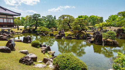 Panoramic view of a typical Japanese garden in an image that conveys serenity and peace, Kyoto,...