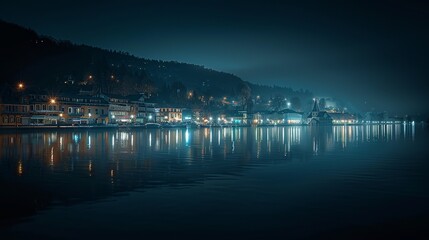 Nighttime Reflections: Marina, Port, and City Lights by the Water