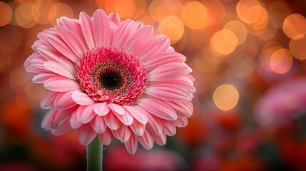   A close-up of a pink flower with a blurry bokeh of lights in the foreground and background