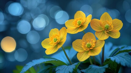   A lush green forest with numerous vibrant yellow flowers on top of the leaves