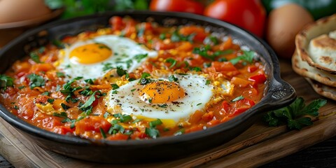 Tunisian breakfast dish Shakshuka made with eggs peppers and tomatoes. Concept Tunisian Cuisine, Shakshuka Recipe, Breakfast Ideas, Egg Dishes, Mediterranean Cooking