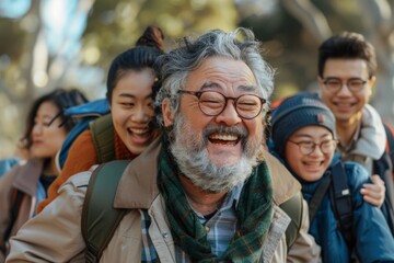 Happy asian senior man with group of tourists walking in the park