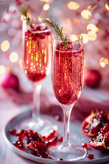 Holiday champagne drink with pomegranate and rosemary garnish in champagne flutes on a tray with holiday lights in background, Generative AI
