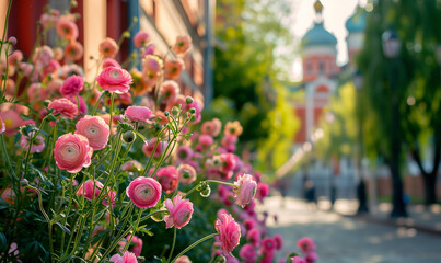 Flowers on the street of Moscow, Russia. Spring / Summer time