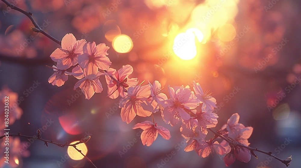 Poster a close-up of a flower on a tree branch with sunlight filtering through the background trees