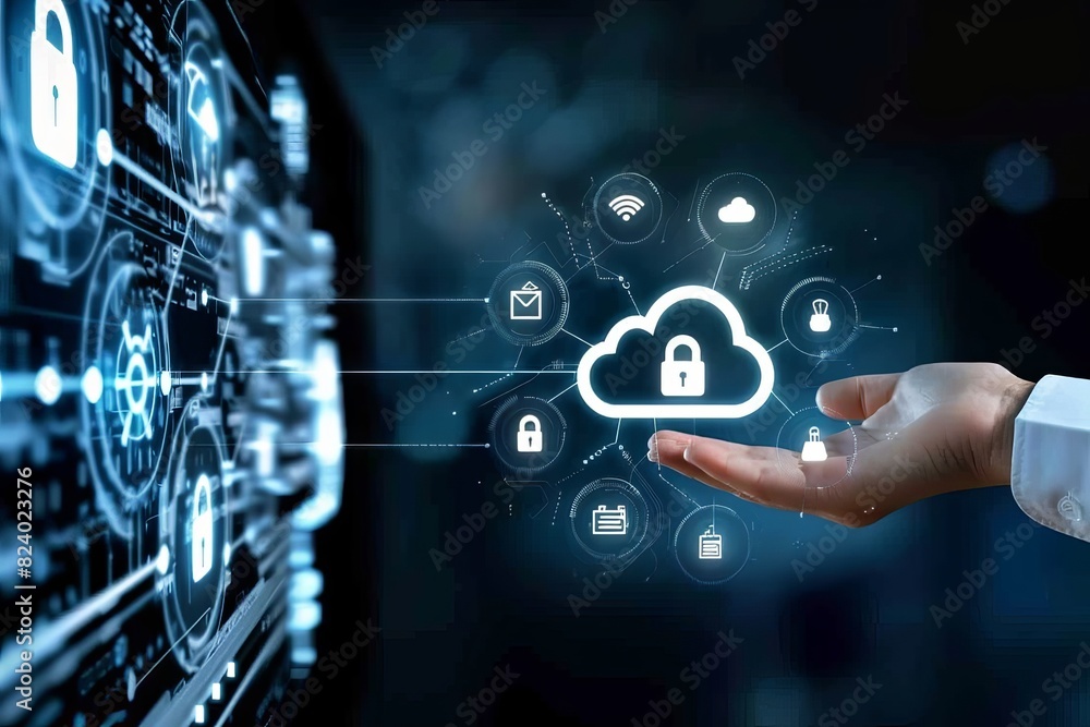 Aufkleber hand presenting a digital cloud network with secure lock icons, symbolizing innovative cloud technol